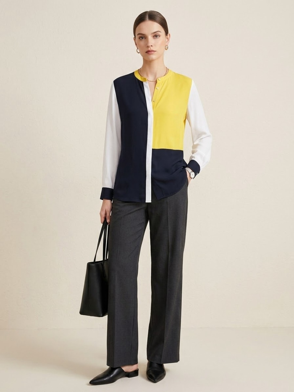 Julio Colorblock Split-Neck Blouse - Modern Office Chic Long Sleeve Button-Down